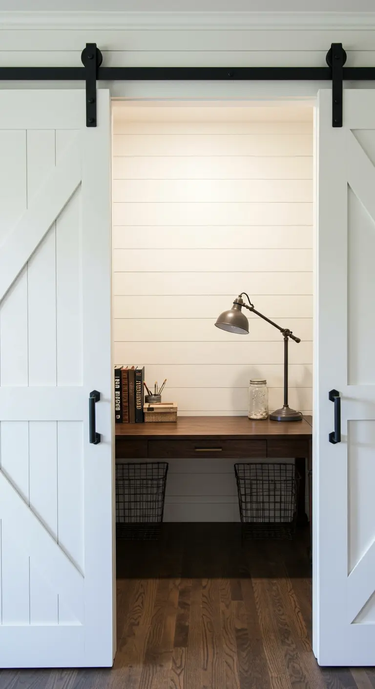 Bureau de style farmhouse avec portes de grange blanches et mur en lattes de bois.