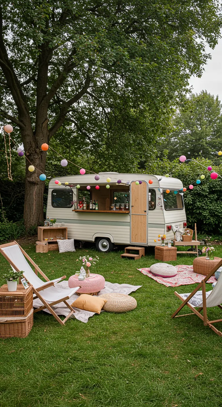 Scène de garden-party avec une caravane servant de bar, des lampions et des chaises longues.