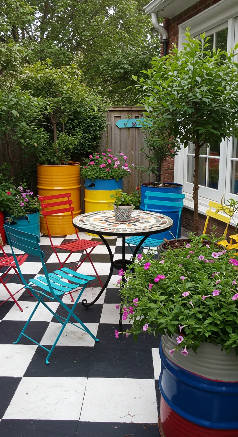 Cour avec un sol en damier, des barils en métal colorés servant de pots et du mobilier dépareillé.