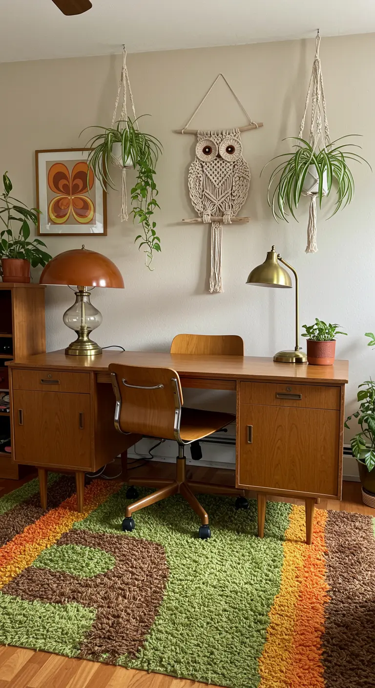 Bureau en teck des années 70 avec un tapis shaggy orange et vert, et des décorations en macramé.