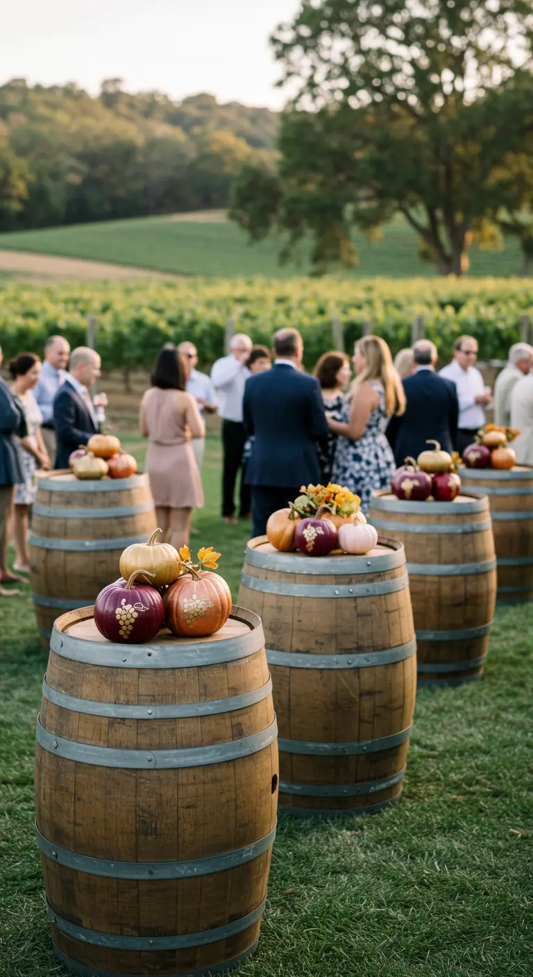 Tonneaux de vin dans un vignoble, surmontés de compositions de petites citrouilles peintes.