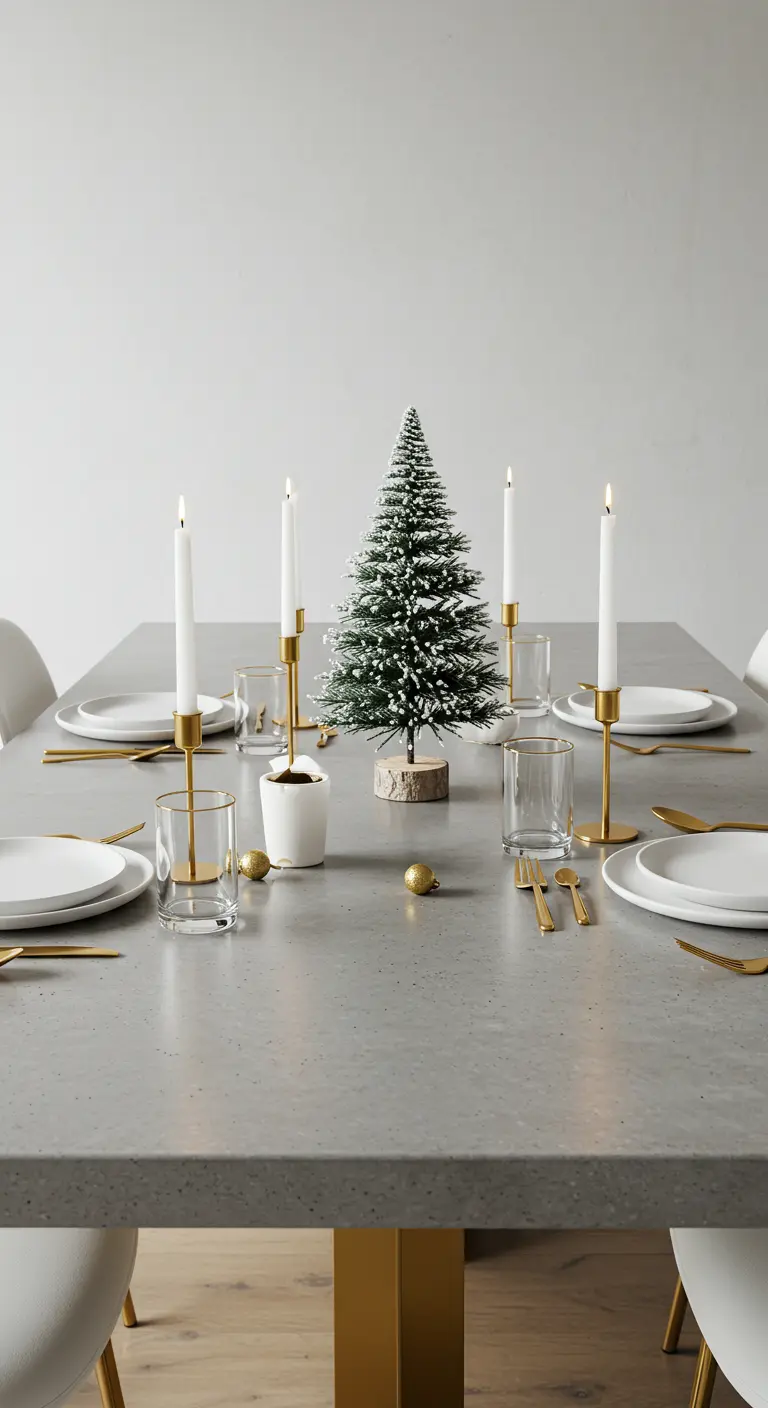 Table de Noël ultra-minimaliste avec un seul sapin, quatre bougies et quelques boules dorées.