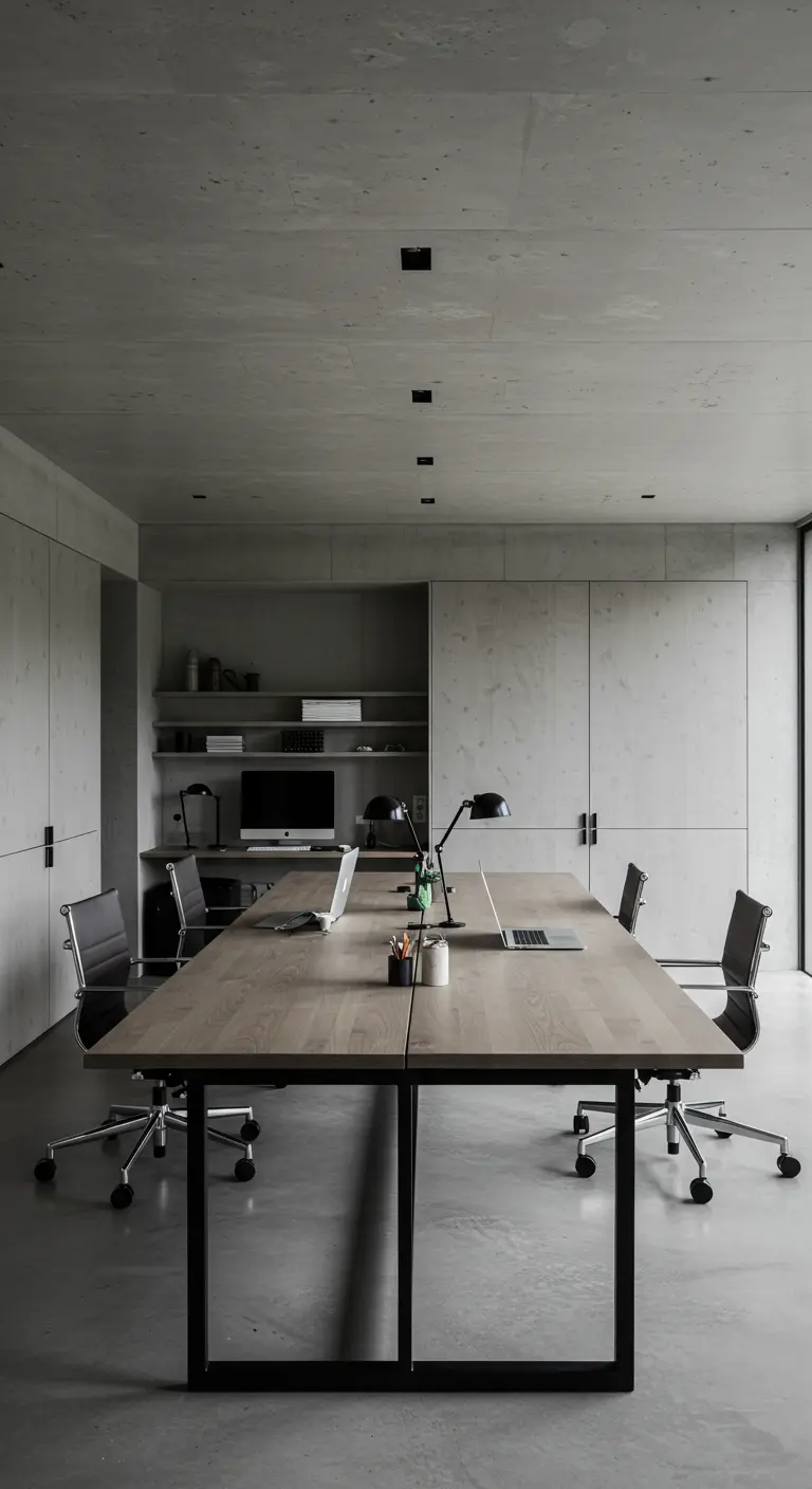 Grand bureau pour quatre personnes dans un espace minimaliste en béton brut.