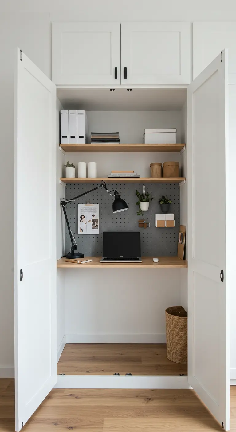 Bureau scandinave dans un placard blanc avec étagères bois et panneau perforé gris.