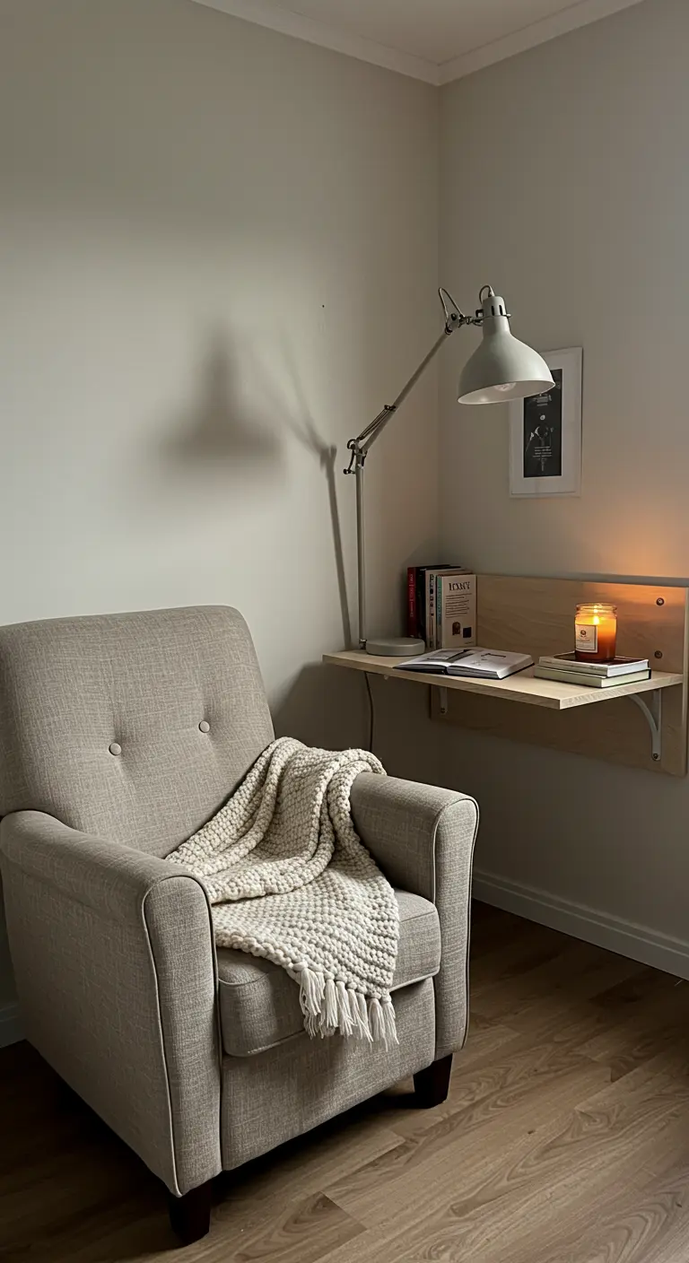 Petit bureau mural en bois clair à côté d'un fauteuil confortable avec un plaid.