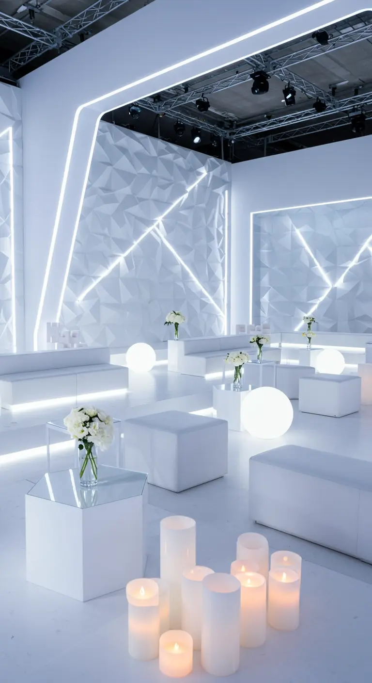 Salle blanche moderne avec des motifs géométriques lumineux, sphères lumineuses et bougies cylindriques.