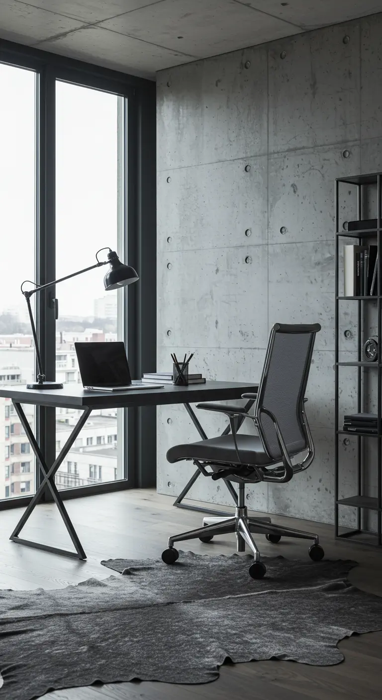 Bureau noir style industriel devant un mur en béton et une grande baie vitrée.