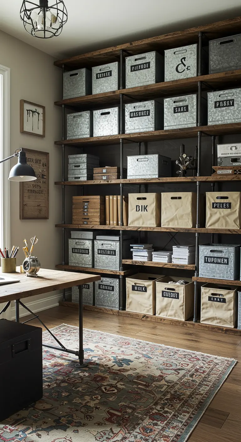Mur d'étagères de style industriel avec des boîtes de rangement en métal et en papier kraft.