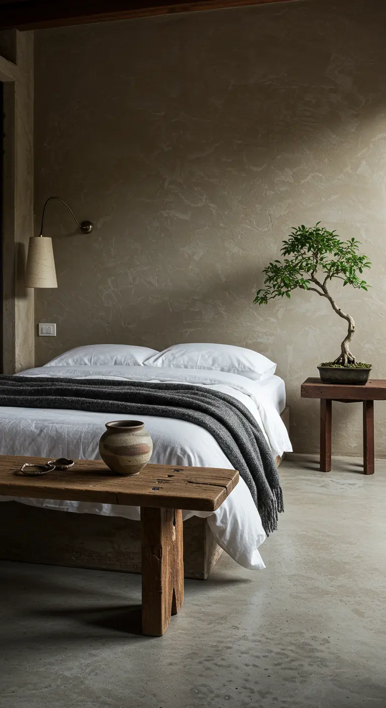 Chambre de style wabi-sabi avec des murs texturés, du bois brut et un bonsaï.