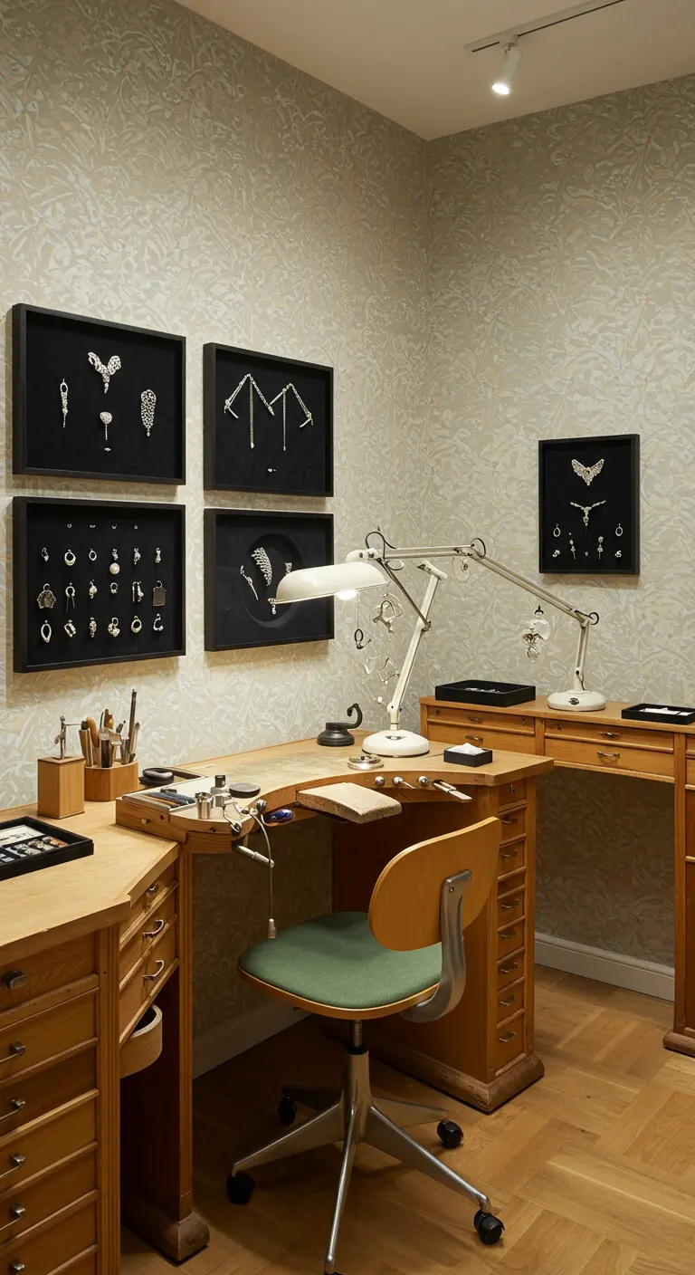 Établi de bijoutier en bois avec de multiples tiroirs, des lampes articulées et des bijoux encadrés.