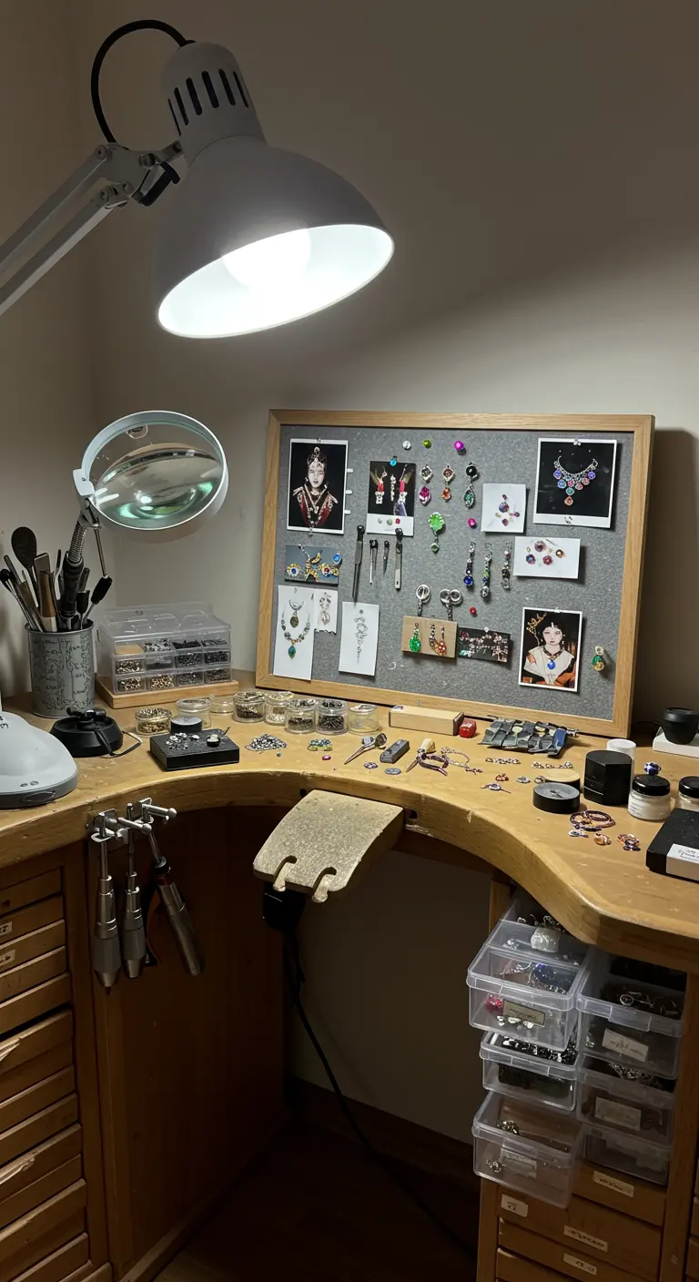 Établi de bijoutier avec lampe loupe et nombreux petits rangements pour les perles.