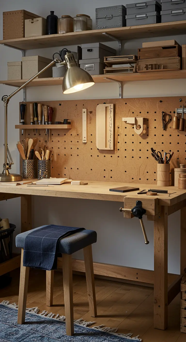 Bureau de style établi avec un grand panneau mural perforé pour ranger les outils.