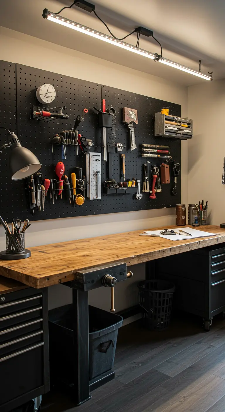 Bureau de type établi avec un grand panneau perforé noir au mur pour ranger des outils.