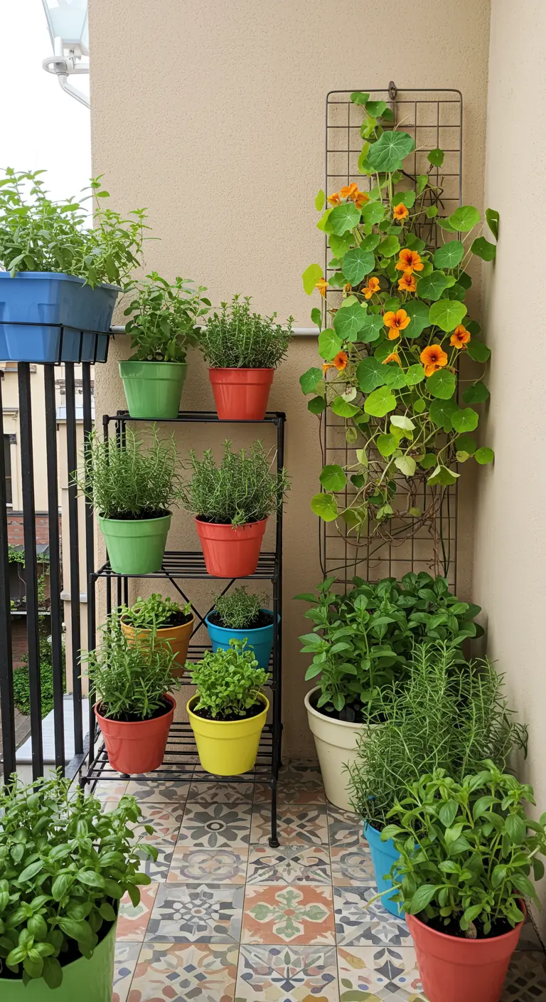 Étagère à pots noire avec pots colorés remplis d'herbes, et un treillis avec une plante grimpante.