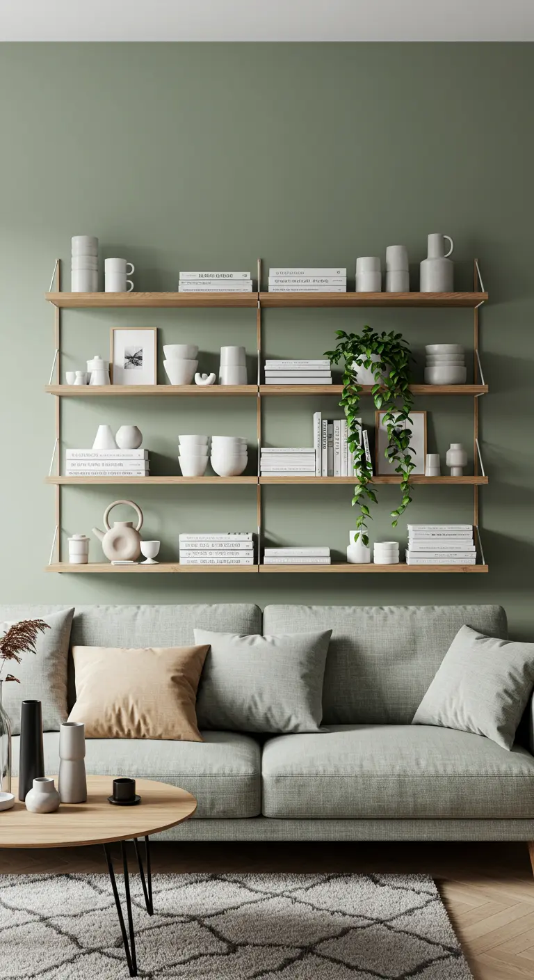 Système d'étagères murales en bois clair sur un mur vert sauge, avec livres et céramiques.