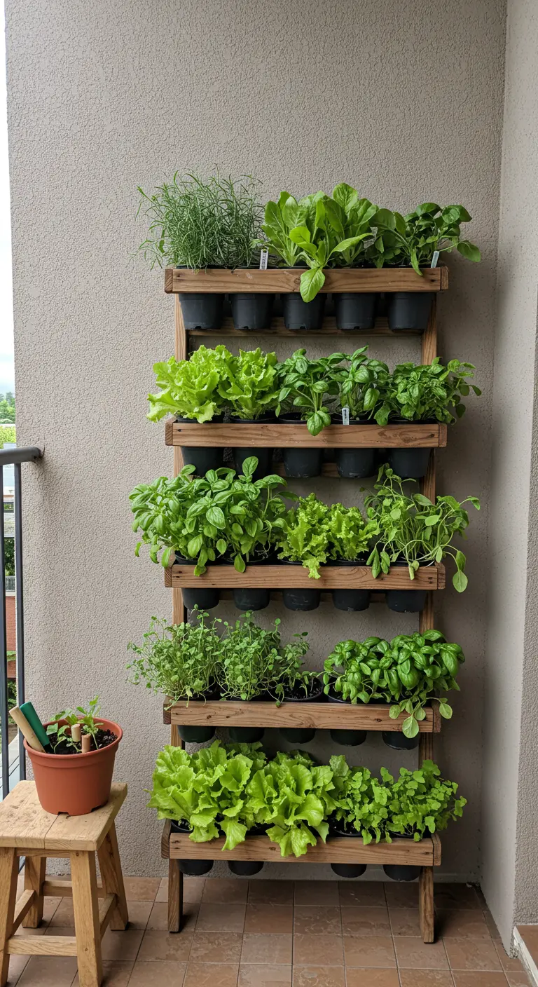 Étagère en bois avec plusieurs niveaux de plantes de salade et herbes aromatiques.