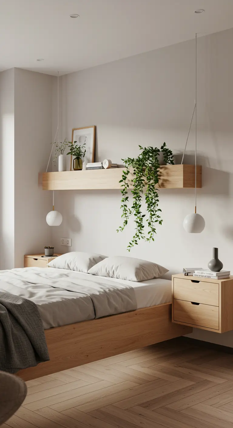 Longue étagère en bois au-dessus d'un lit, servant de tête de lit décorative.