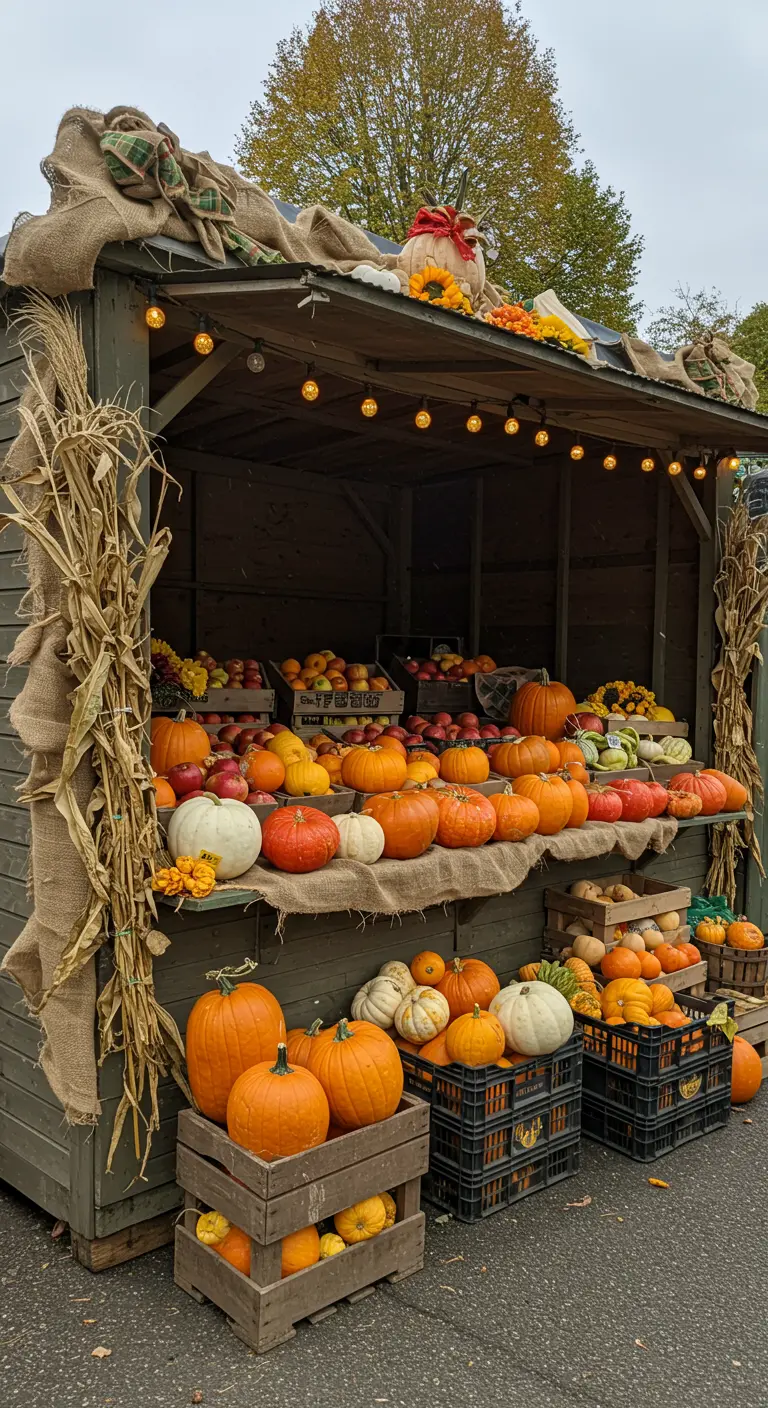Étal de marché en bois rempli de citrouilles, de pommes et de fleurs d'automne