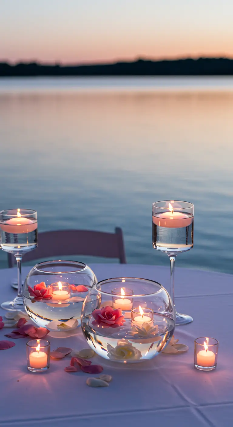 Bougies flottantes dans des verres et des vases ronds avec des roses au bord de l'eau.