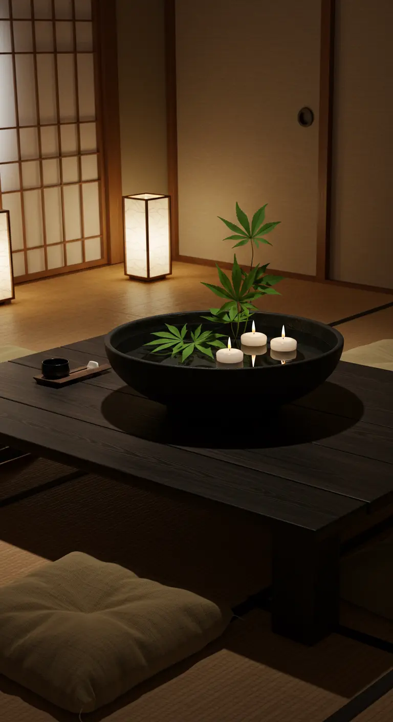 Coupe noire remplie d'eau avec des feuilles et des bougies flottantes sur une table basse.