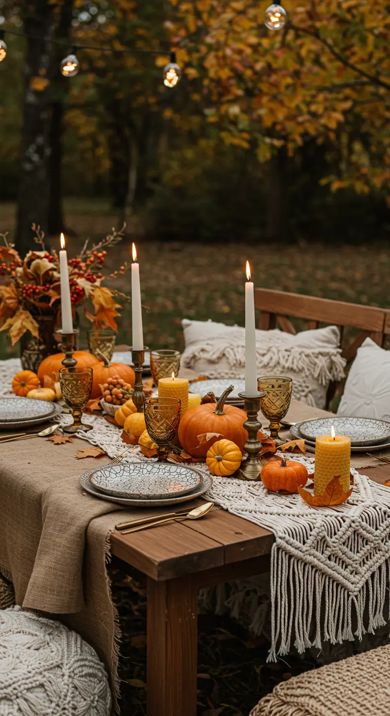 Table d'automne bohème avec citrouilles, bougies et chemin de table macramé.