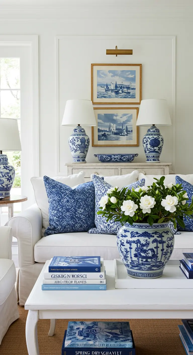 Salon blanc avec de nombreux accessoires en porcelaine bleue et blanche et des gardénias