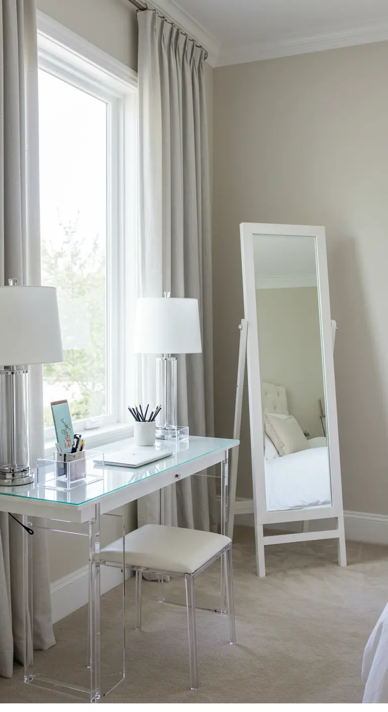 Bureau transparent en acrylique avec un miroir sur pied dans une chambre lumineuse.