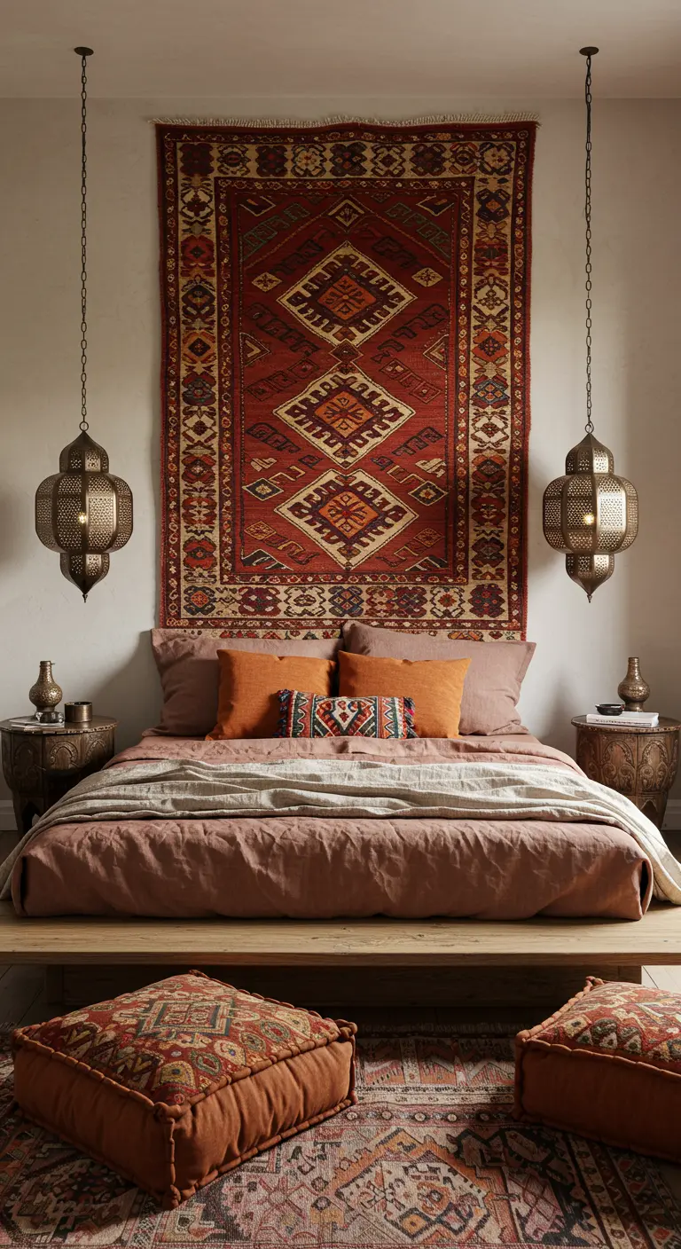 Un grand tapis Kilim aux motifs ethniques est suspendu au mur en guise de tête de lit.