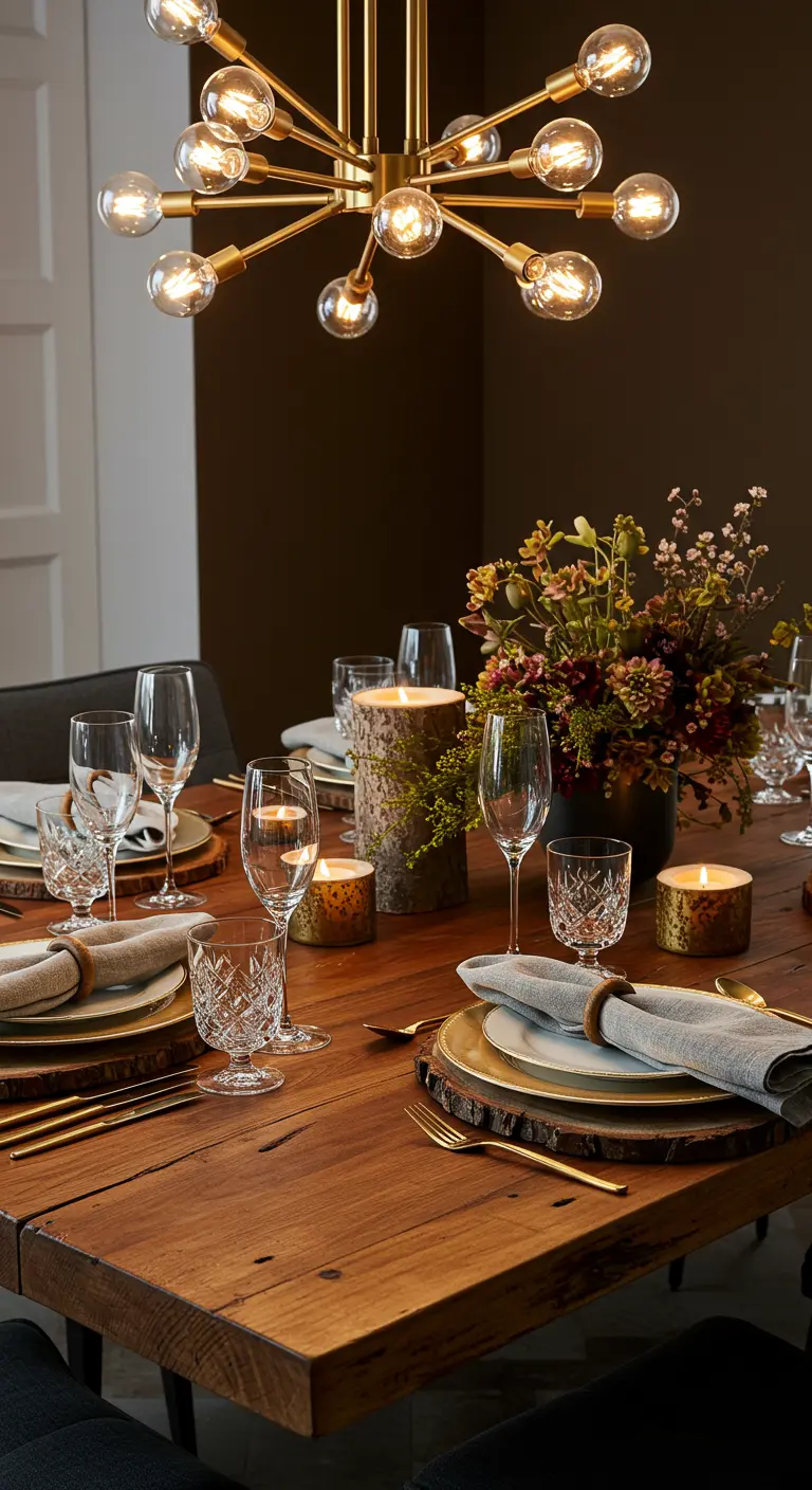 Table en bois sous un lustre moderne en laiton de style sputnik.