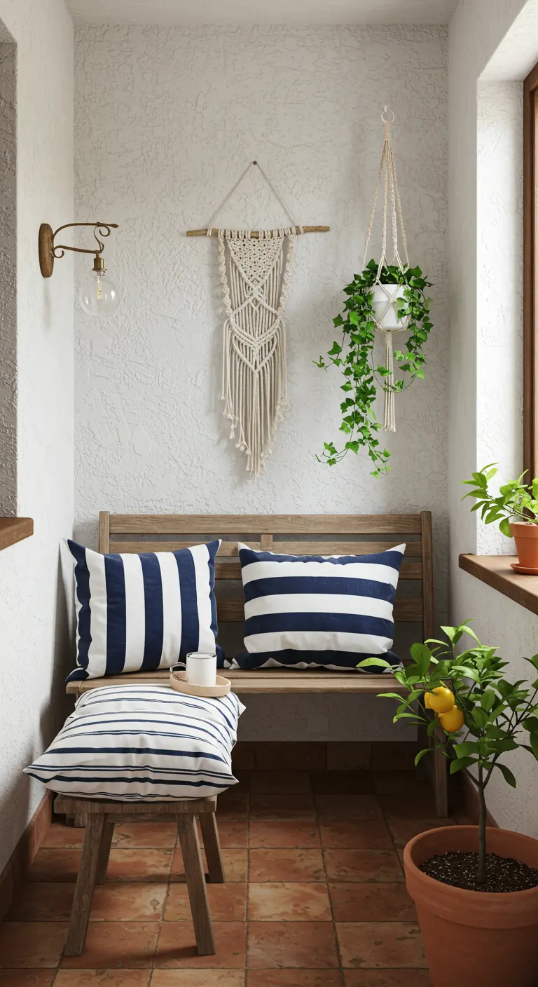 Coin lecture sur balcon avec banc en bois, coussins rayés et macramé mural.