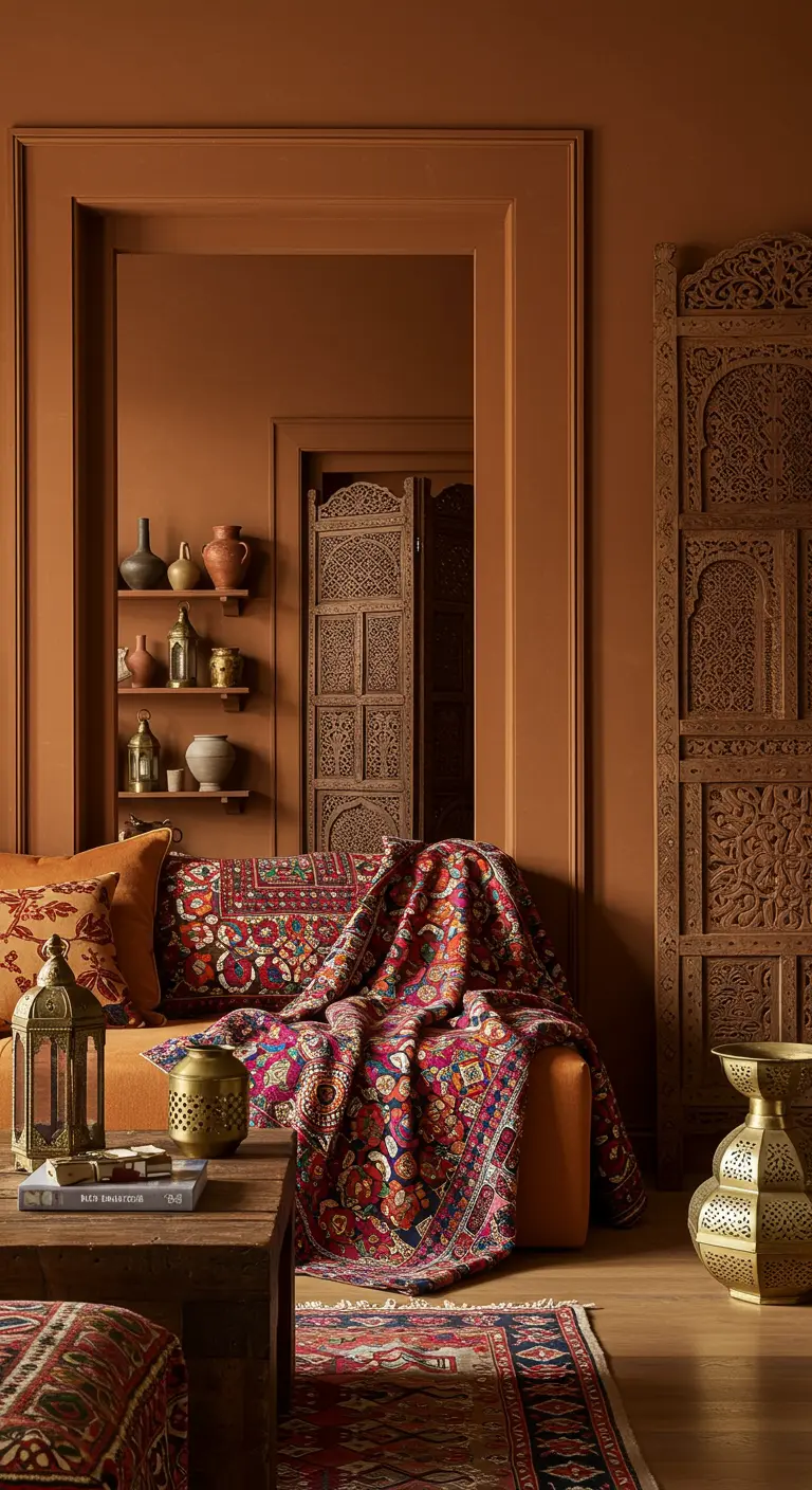 Salon d'inspiration marocaine avec murs ocre et textiles colorés.