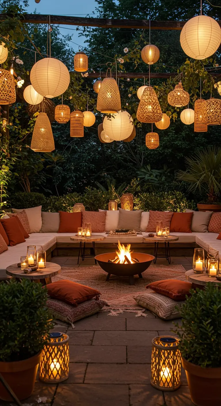 Salon d'extérieur bohème avec feu de camp et divers lampions suspendus en rotin et papier.