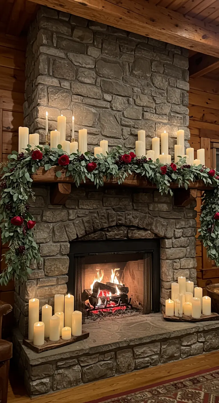 Manteau de cheminée décoré d'une guirlande de roses et eucalyptus et de bougies.