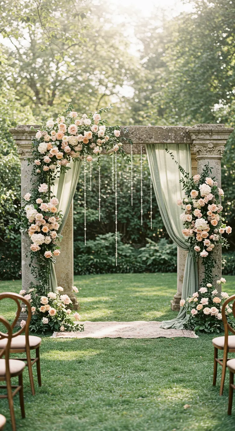 Arche en pierre décorée de roses blush, feuillage vert, voilages vert pâle et guirlandes de perles.