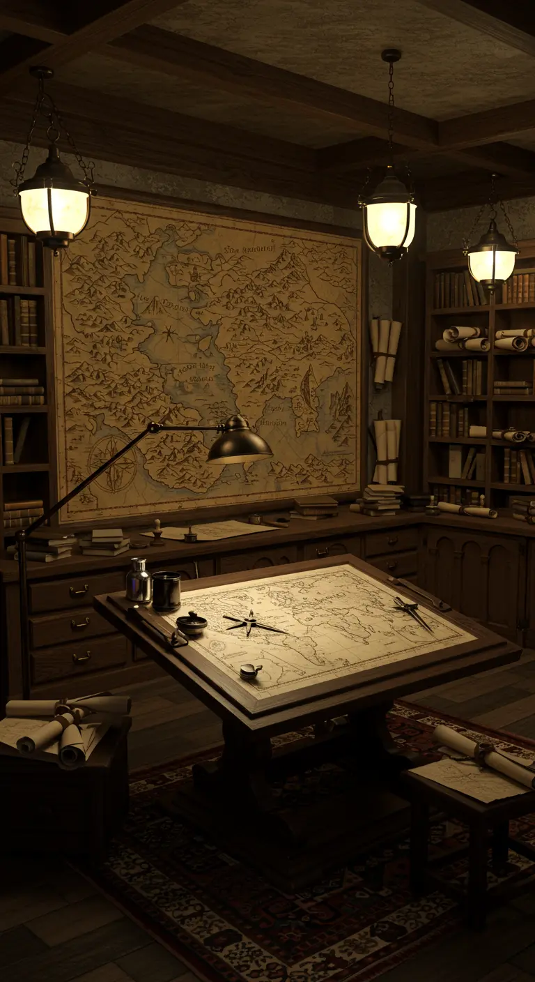 Bureau de cartographe ancien avec une grande carte murale, des meubles en bois et des lampes de style lanterne.