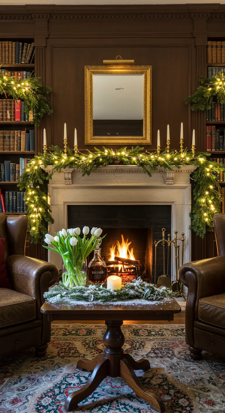Bibliothèque chic avec fauteuils en cuir, cheminée décorée d'une guirlande lumineuse.