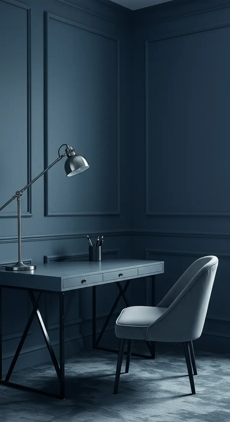 Bureau et murs peints en bleu nuit, avec une chaise grise et une lampe en métal.