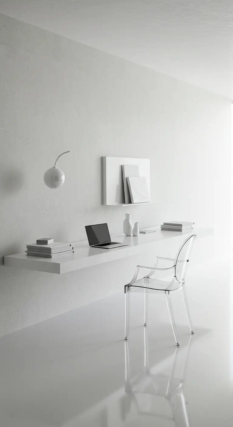 Longue étagère blanche servant de bureau, avec une chaise transparente dans un espace immaculé.