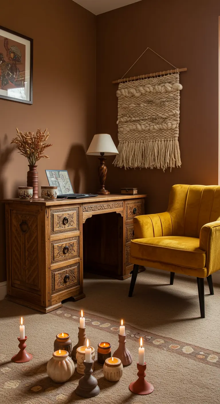 Bureau en bois sculpté, fauteuil jaune moutarde, suspension murale tissée et bougies au sol.