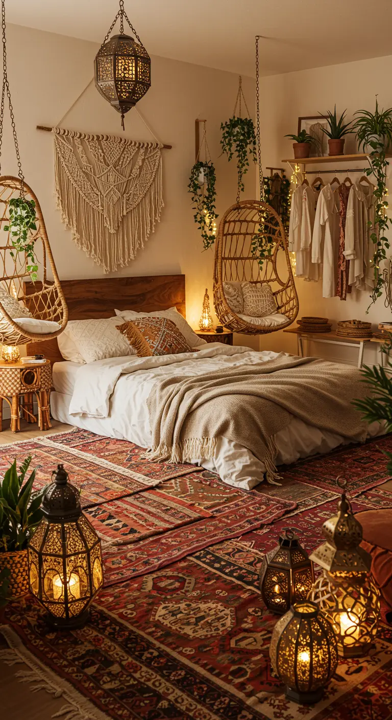Chambre bohème avec fauteuils suspendus, tapis superposés et nombreuses lanternes.