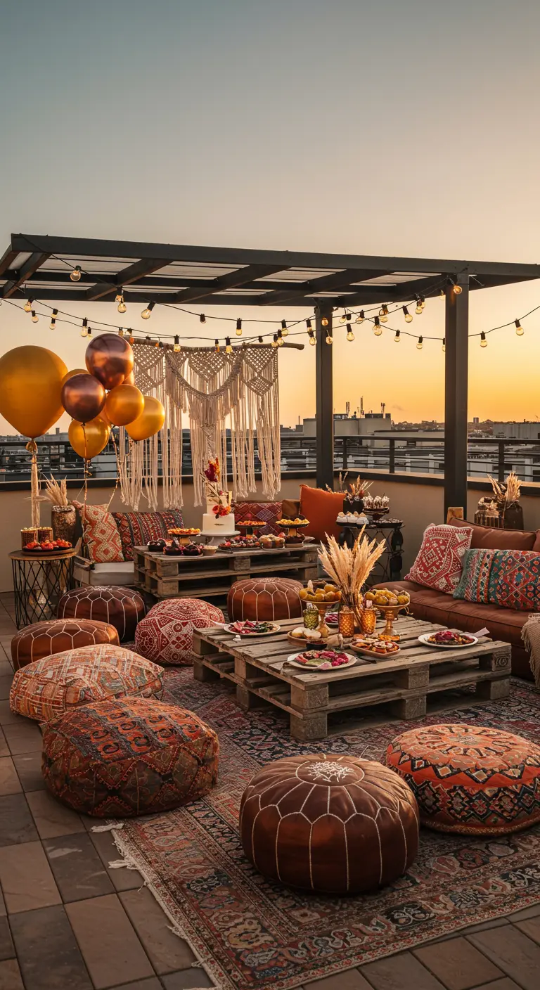 Terrasse sur le toit décorée dans un style bohème avec des poufs et des guirlandes lumineuses.