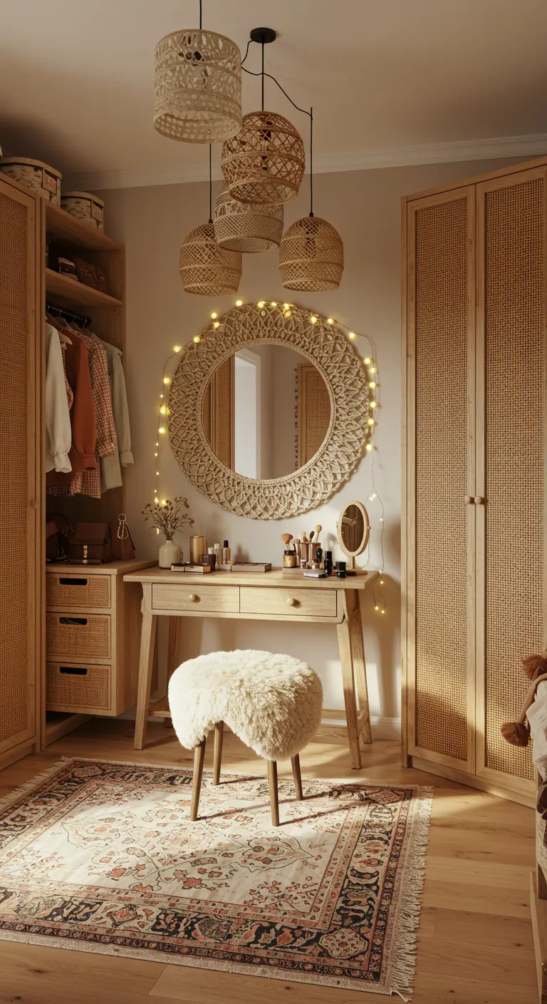 Coiffeuse en bois et rotin, miroir bohème avec guirlande lumineuse, tabouret en peau de mouton.