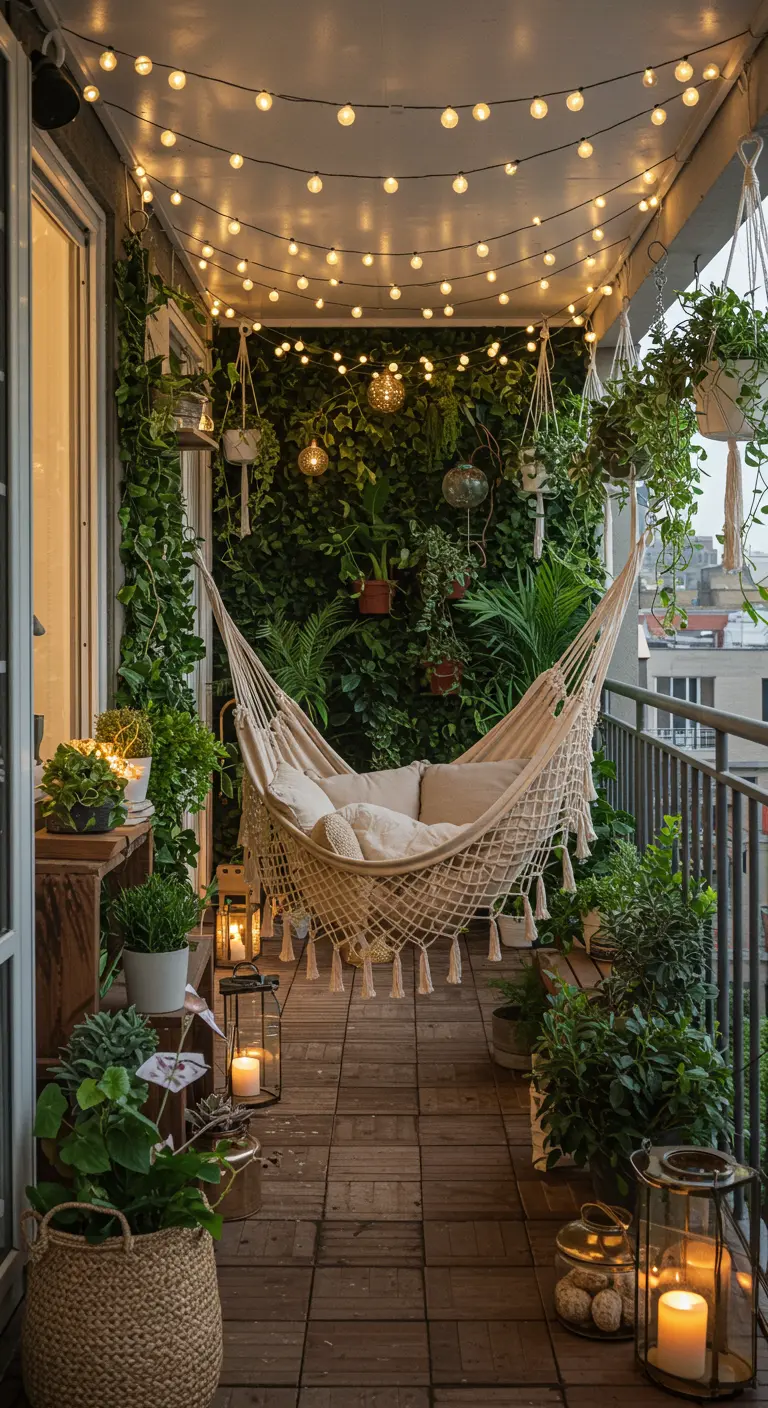 Balcon avec un hamac, un mur de verdure et un plafond de guirlandes.