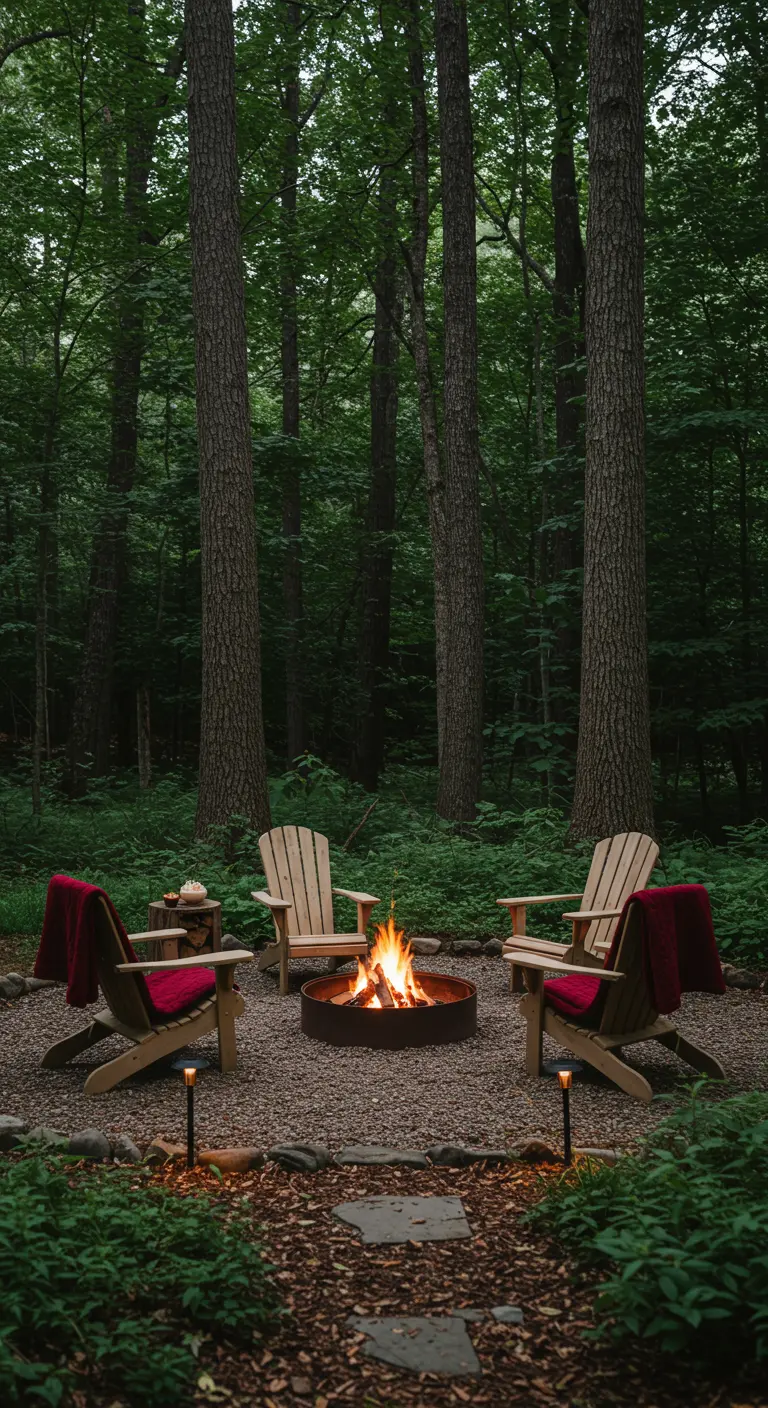 Coin feu en forêt avec fauteuils Adirondack en bois, brasero et plaids rouges