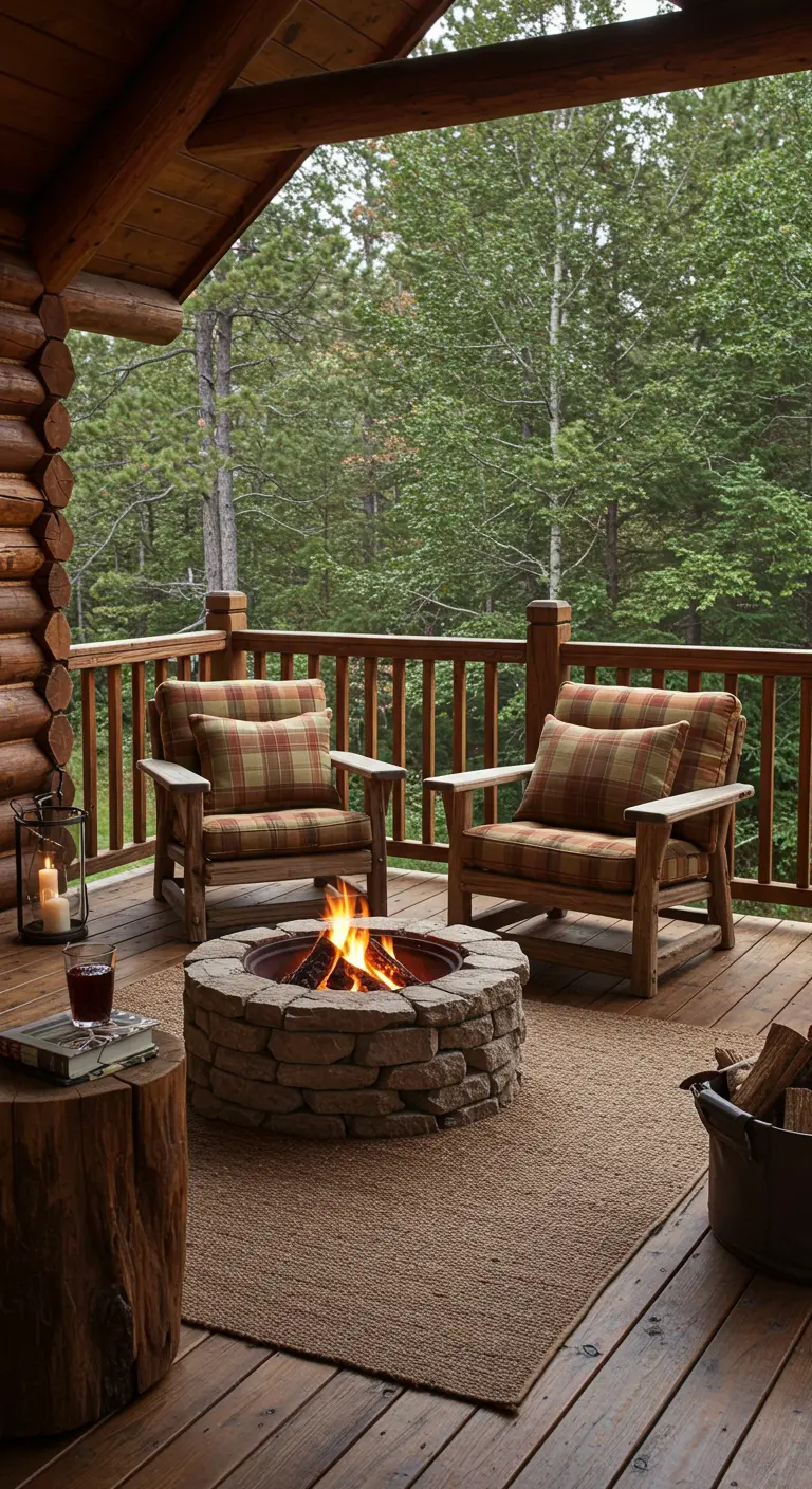 Deux fauteuils confortables avec plaid et foyer sur une terrasse en bois.