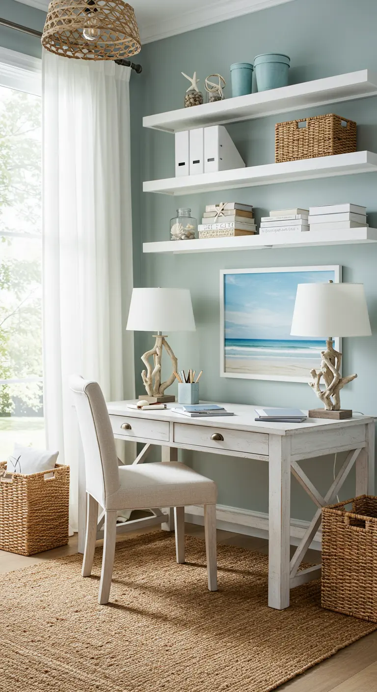 Bureau d'inspiration côtière avec murs bleus, meubles blancs, étagères et accents de jute.