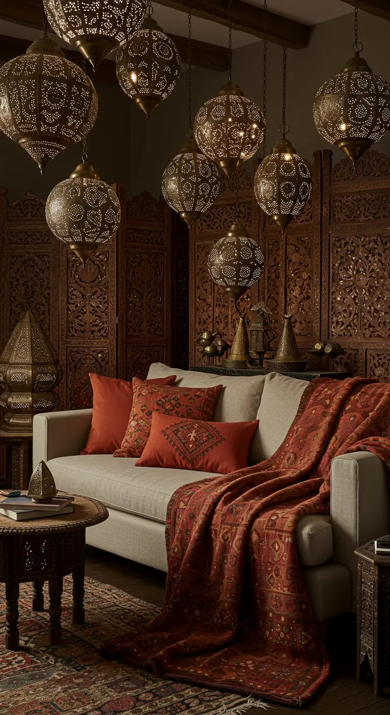 Salon d'inspiration marocaine avec de nombreuses lanternes en métal et des textiles rouges.