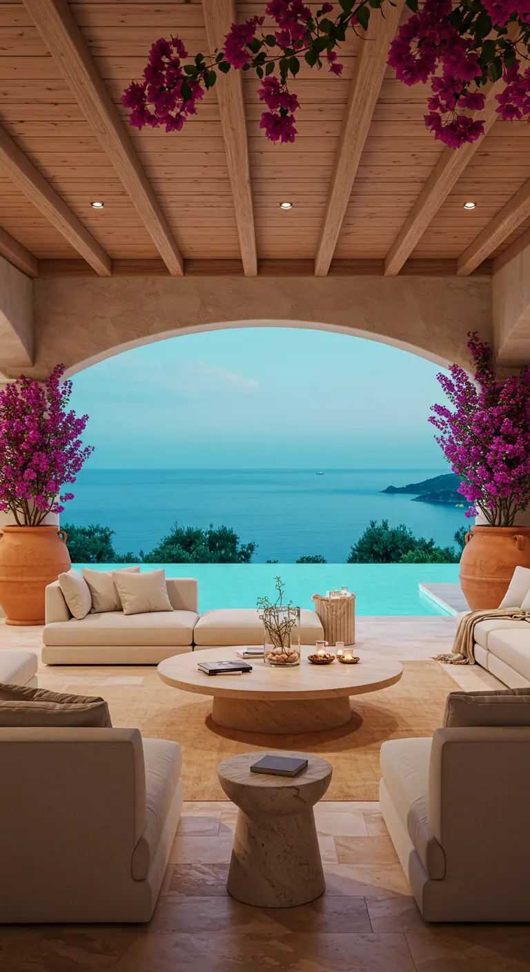 Lounge méditerranéen avec canapés clairs, bougainvilliers roses, vue sur la mer.