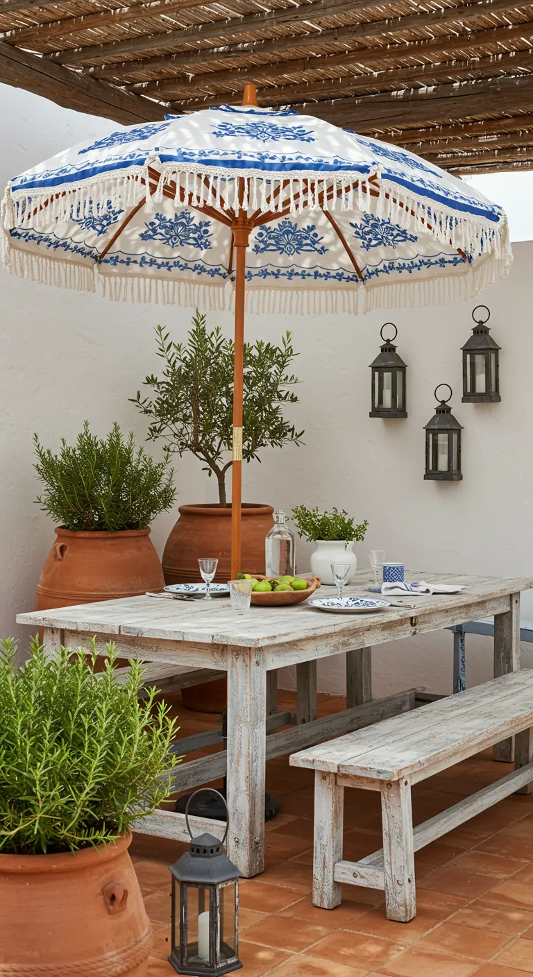 Terrasse méditerranéenne avec parasol bleu/blanc, pots en terre cuite et table en bois blanchi.
