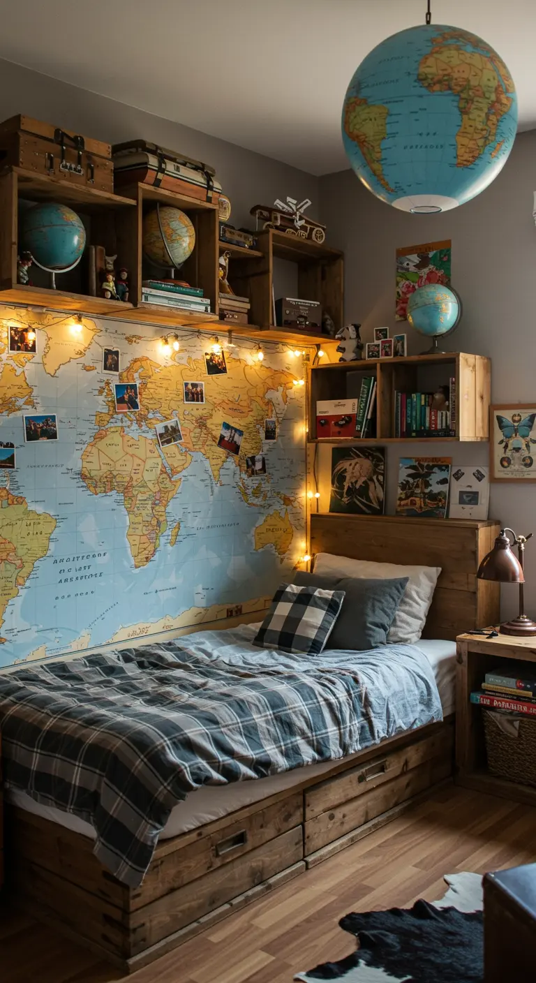 Chambre ado avec une grande carte du monde murale, des caisses en bois servant d'étagères et des guirlandes lumineuses.